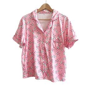 Candy Cane Pajama Set Collared Button Front & Shorts Size Medium Pink Holiday